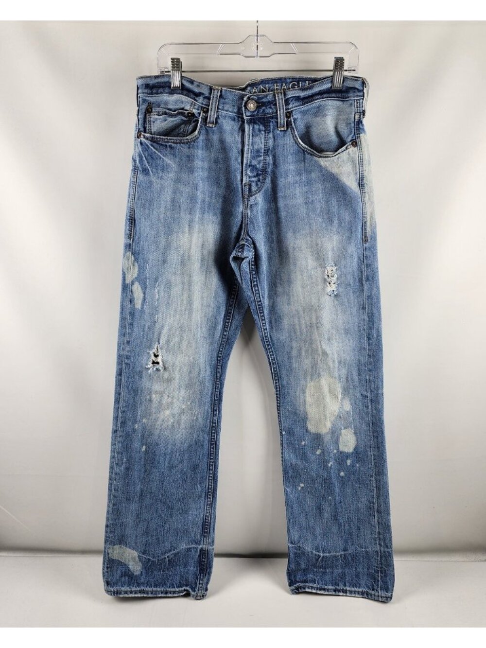American Eagle Jeans Men 31x32 Blue Bootcut Distressed Splatter Button Fly Denim